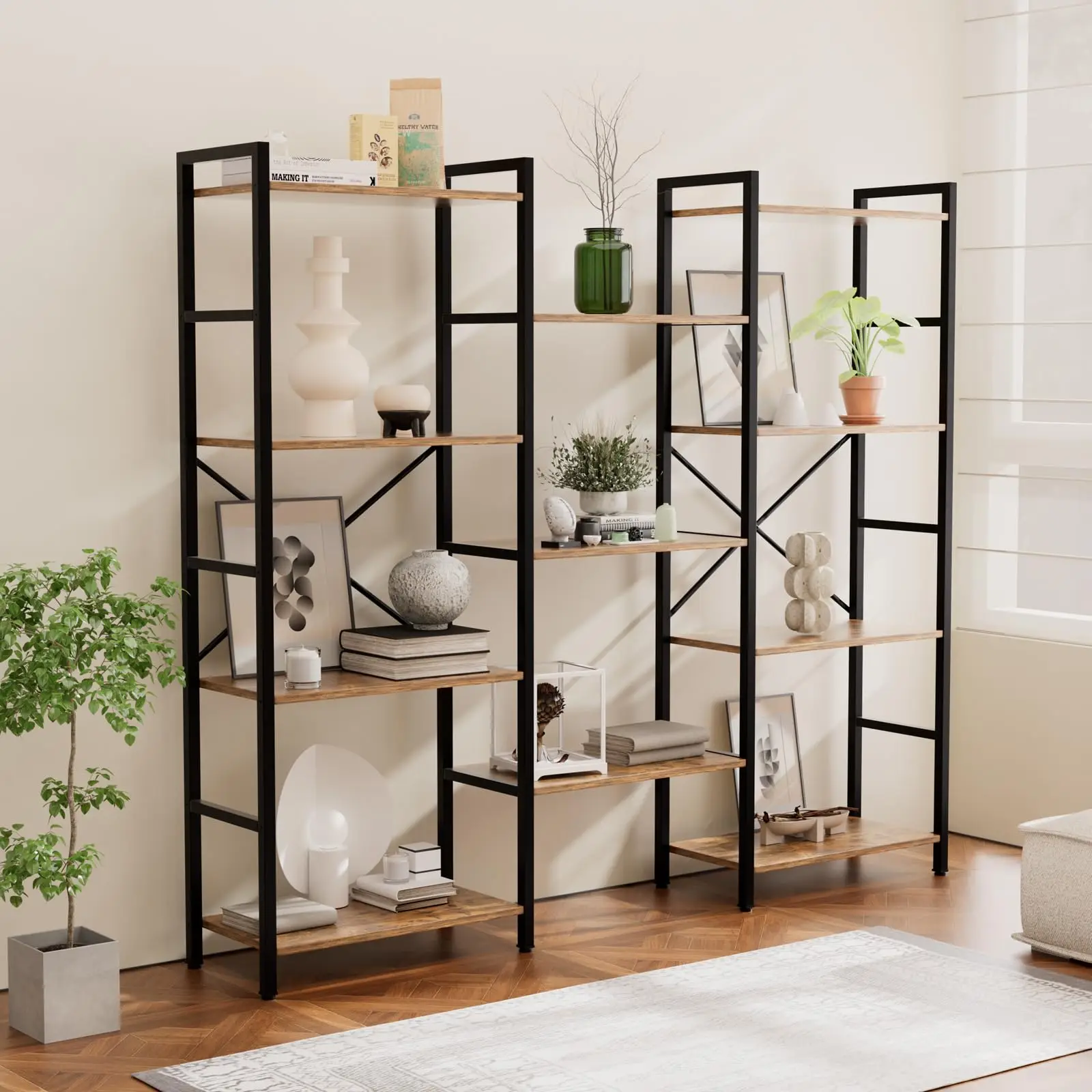 Triple 4 Tier Book Shelf, Modern Bookcase Shelf, Freestanding Large Display Shelves for Living Room/Office/Garage