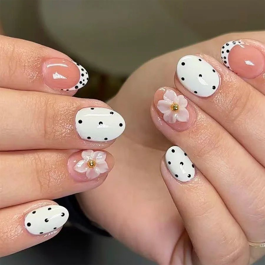 DropGlue Press on Nails with Polka Dot Pattern Design Almond Full Cover Nail Tips Acrylic French False Nail 3d Flower Fake Nails