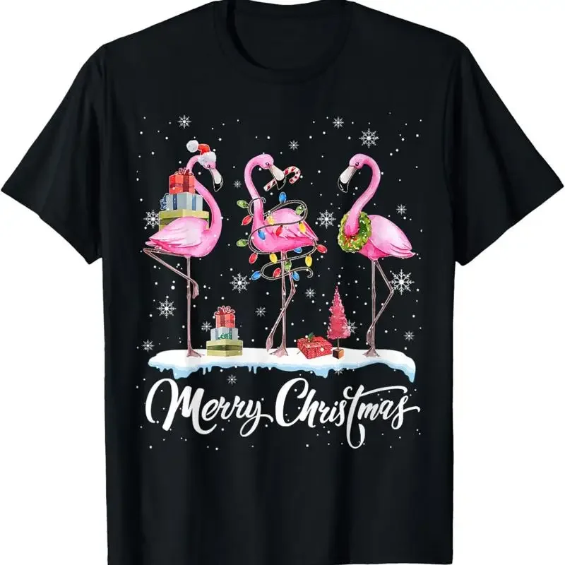 Merry Christmas Hat Santa Flamingo Light Christmas Snow T-Shirt