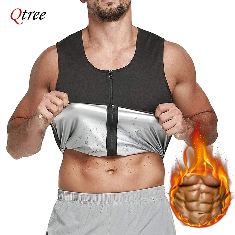 Qtree Sauna Sweat Body Shaper for Men Waist Trainer Vest Polymer Heat Trapping Weight Loss Zipper Workout Thermal Slimming Tops