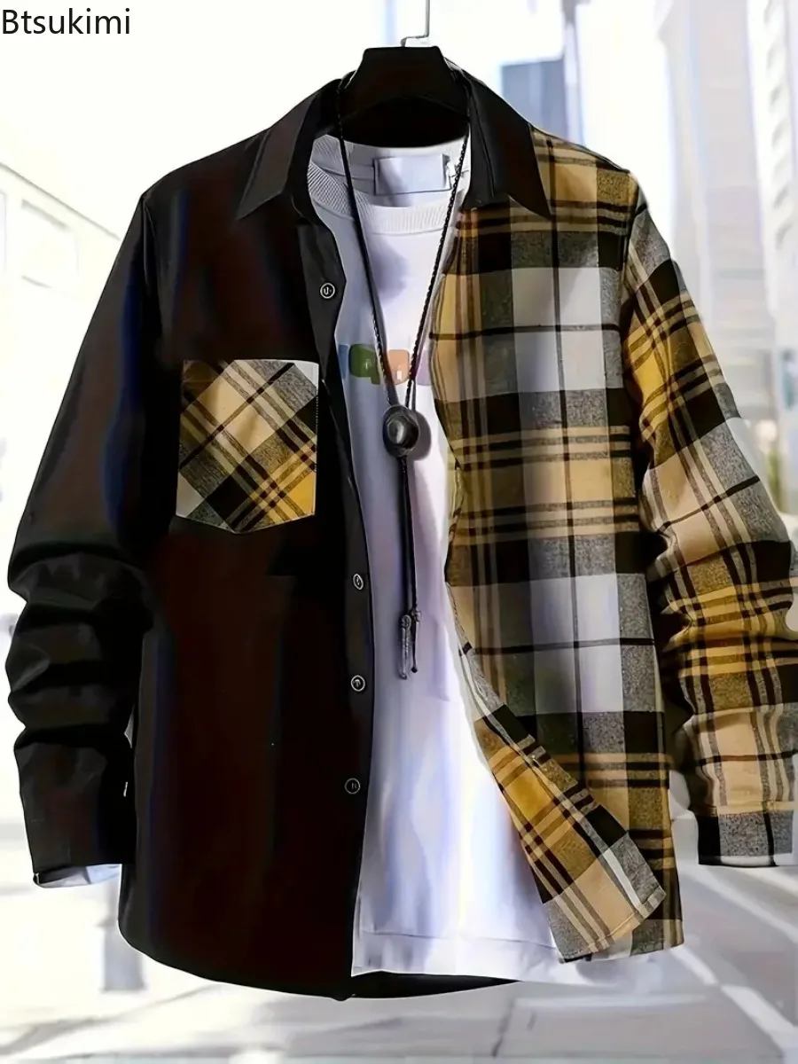 2025Men's Spring Autumn Casual Long Sleeve Shirt Fashion Patchwork Plaid Design Single-breasted Shirt Coats Comfortable Cardigan