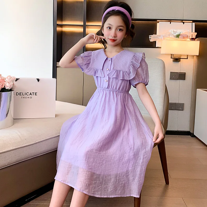 Girls Chiffon Dress Summer Kids Fashion Flip Collar Princess Beach Dresses 5 To 14 Year Light Purple Bilayer Children's Clothing