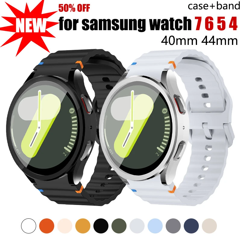Silicone Strap+Case for Samsung Galaxy Watch 7 40mm 44mm Band+Tempered Glass Screen Film+PC Case for Galaxy Watch 6 5 4 bracelet