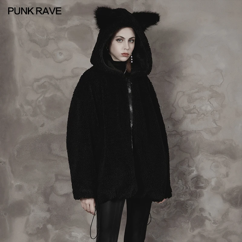 PUNK RAVE Women's Gothic Woolly Loose Medium Length Sweater Coat Coral Velvet Lining Doubles Warmth Personality Jacket