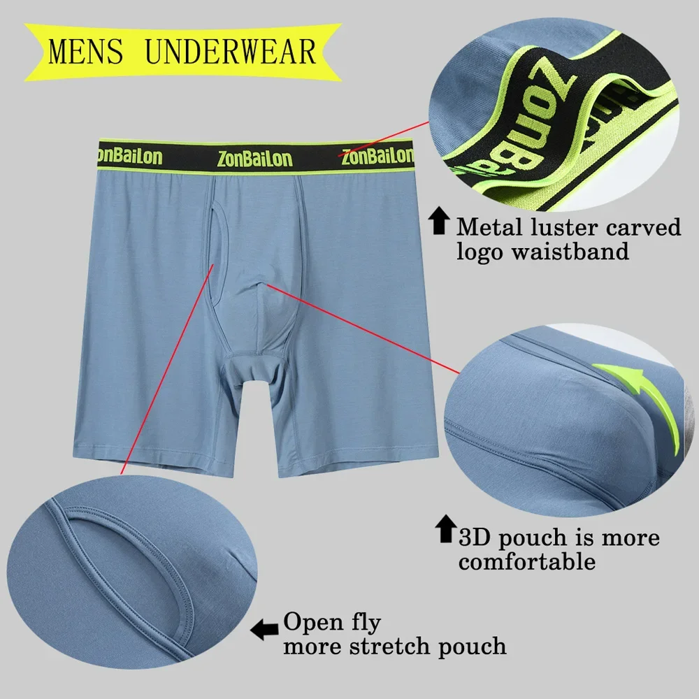 Jinshi Men's Boxer Briefs Long Leg Bamboo Breathable Open Fly Boxers No Ride Up Underwear