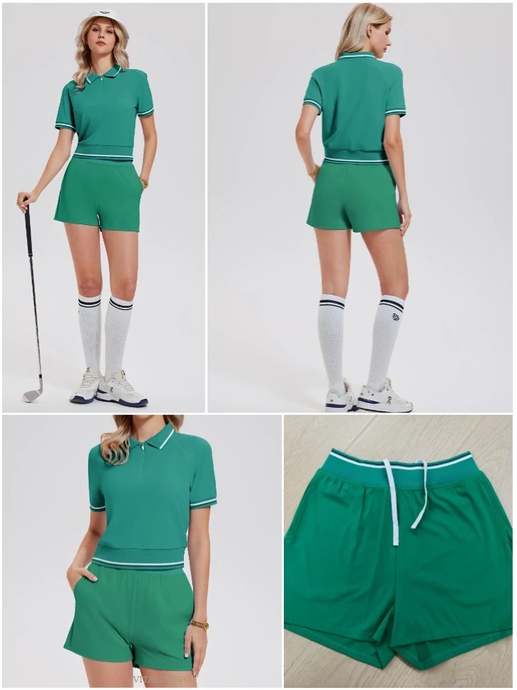 VITALINOVO 2-teiliges Workout-Set für Damen Poloshirts mit Kragen Hochgeschnittene Laufshorts Zweiteiliges Passendes Trainingsoutfit – Detail 9