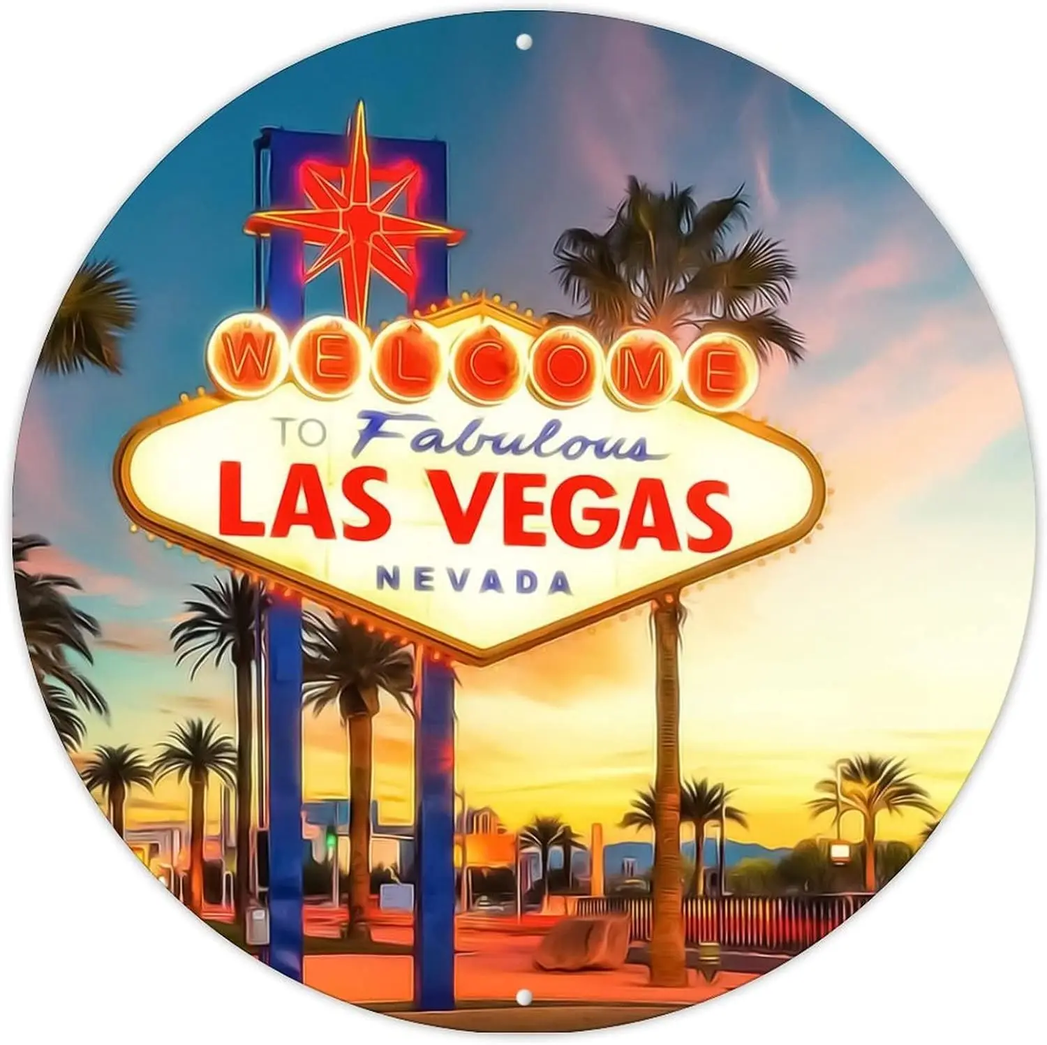 USA City Casino Las Vegas Round Metal Wall Sign City in Nevada State Aluminum Sign City Landscape Travel Souvenir Metal Tin Sign