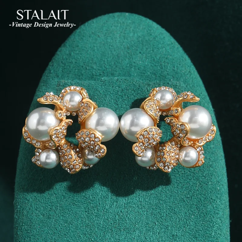 

Vintage Gold Color Freshwater Flower Petals Pearl Earrings Stud Trend 2025 Bridal Accessories For Woman Luxury Wedding Jewelry