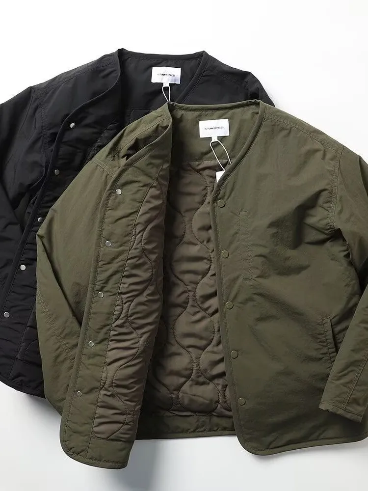 Loose Fit Men's Cotton Jacket Outdoor V-Neck Layering Warmth Poly Fiber Standard Size Casual Style Thickened Autumn Winter Coat