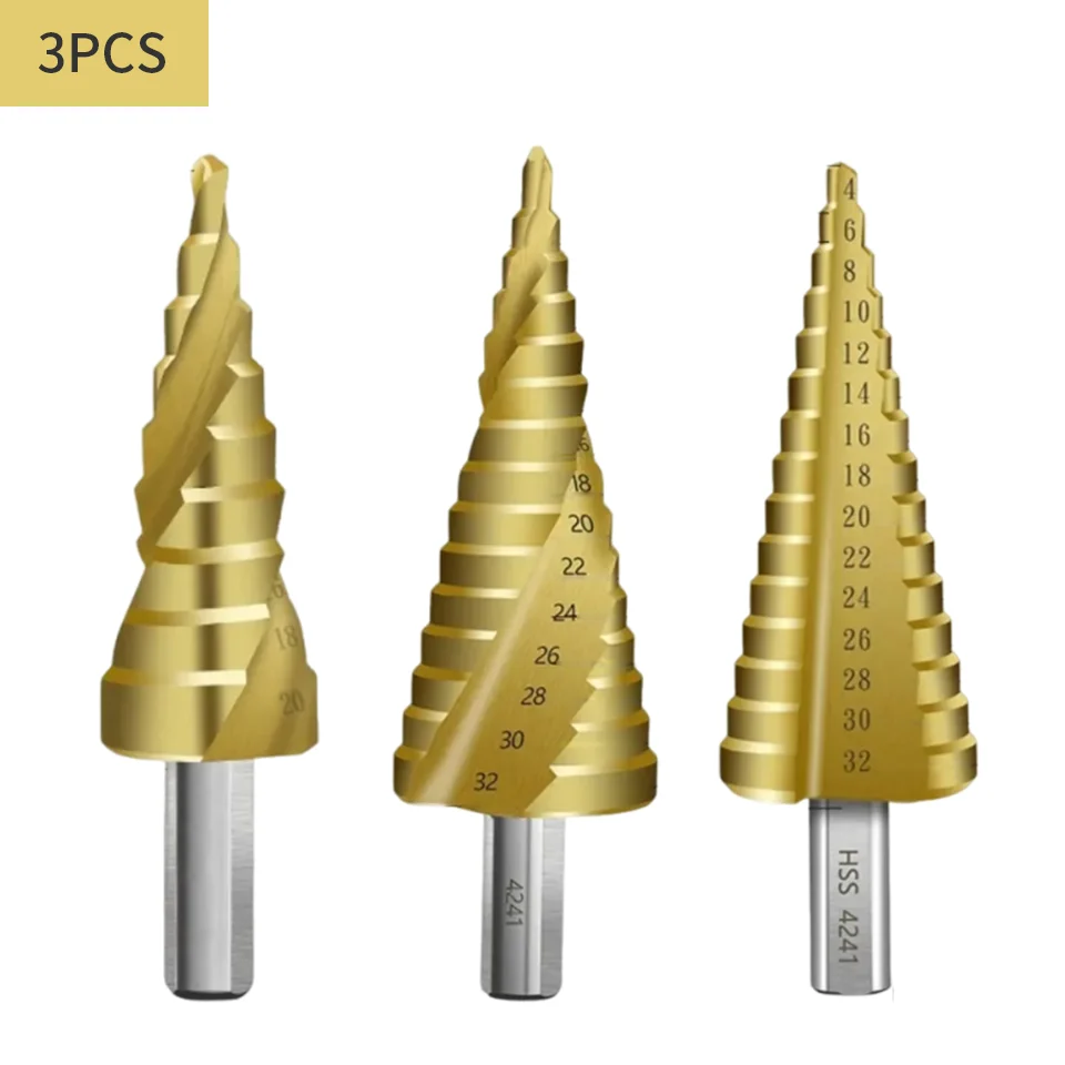 

3-piece set, 4241 step drill bits (including straight-flute step drills and spiral-flute step drills). Made of high-speed steel