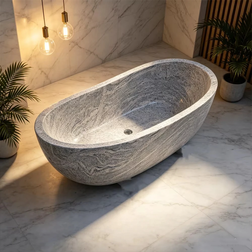 #￥Luxury Natural Stone Bathtub Freestanding Large Bathtubs Boat Shape Soaking Tubs for Hotel Villa Bathroom