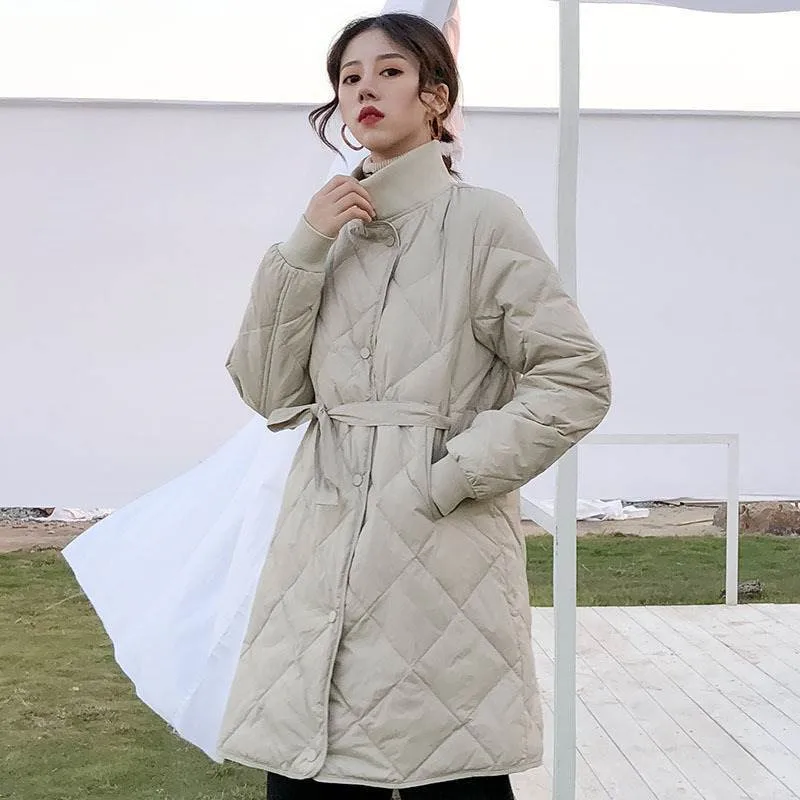 With Belt Thick White Duck Down Jacket Parkas Autumn Winter Women Midi Long Down Coat Lady Rhombic Lattice Bigsize Warm Outwears