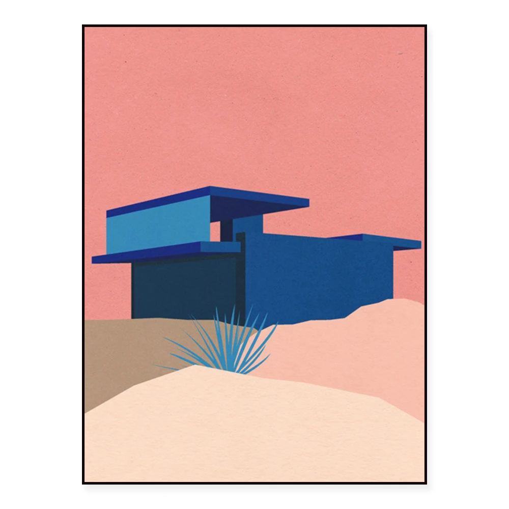 كوفمان ديزرت هاوس بالم سبرينغز الأزرق - ملصق المعرض الأحمر الوردي طباعة فنية التوضيح، ديكور المنزل المعماري #1