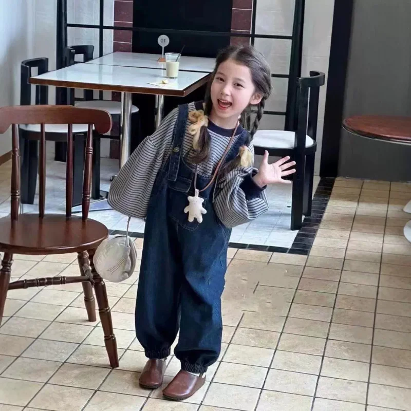 Girls' Set Navy Drop Shoulder Sleeve Striped Sweatshirt with Denim Overalls2025Autumn New Fashion Foreign Trade Children's Cloth