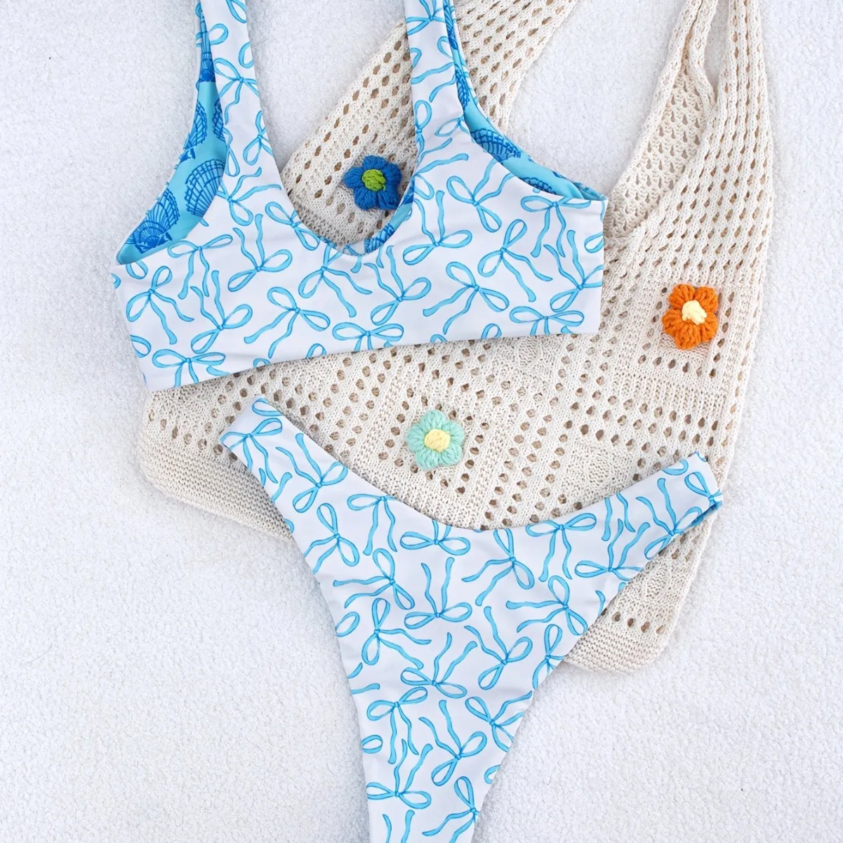 Sweet Girl Kink Design Light Blue Bow Printed Bikini Suitable For Beach Vacation Set 2 Pieces Tankini Swimsuits Women Biquinis S