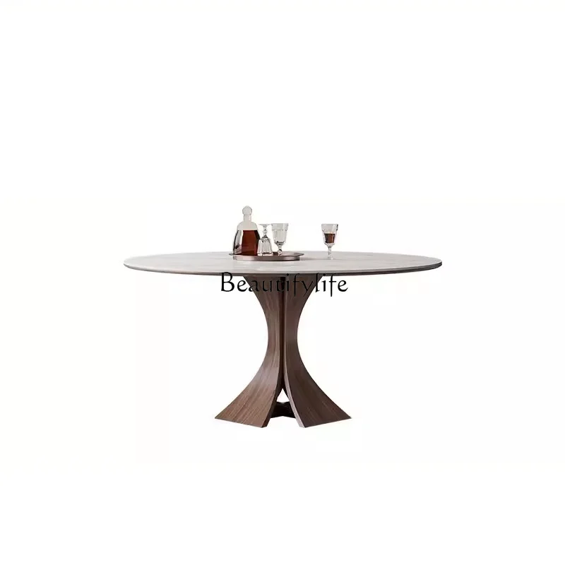 

Italian Minimalist Solid Wood Dining Table round Band Turntable Modern Minimalist Matte Stone Plate Dining Table