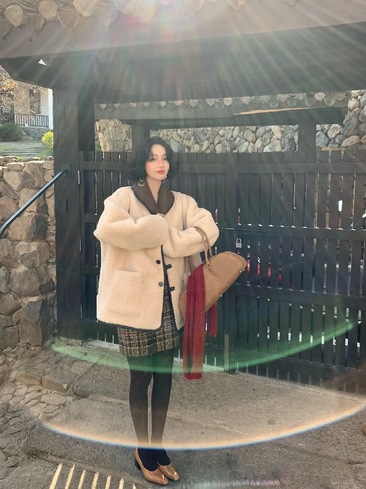 

Barn Sle ort Double-Sided Wear Faux Fur Lined Leather Jaet Thiened Winter Outerwear Hong Sle Loose Fit Button Closure