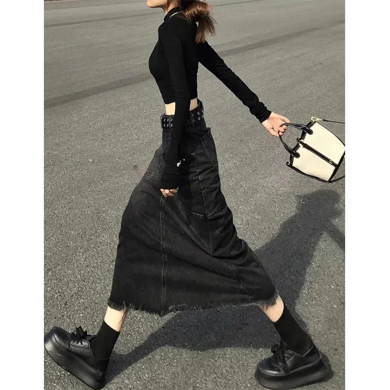 Y2K Vintage Denim Skirts Women Tassel Midi A Line Skirt Jeans Streetwear Korean High Waist Raw Edge Slim Casual Mermaid Skirt