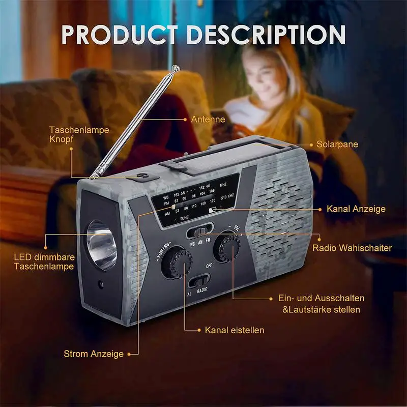 

Emergency Weather Radio Hand Crank Solar 4000mAh 4 Ways Powered AM/FM/WB Weather Alert Portable Radio Cell Phone Charger SOS For