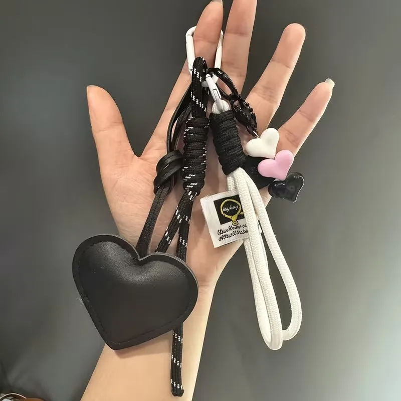 Cute PU Heart Leather Rope Keychain Handmade Braided Rope Car Keyrings Ins Y2K Love Rope Bag Charm Children