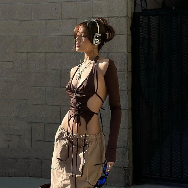 

Lady Y2K Ins Chic Crop Tops Shirts Female Winter Autumn Trendy Streetwear Halter Open Back Long Sleeve Tees Cool Handsome Tops