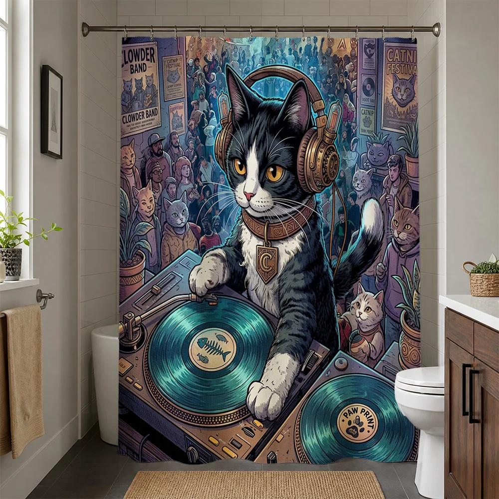 Funny Cat Band Shower Curtain Pop Culture Music Lover Bathroom Decor Novelty Shower Curtain