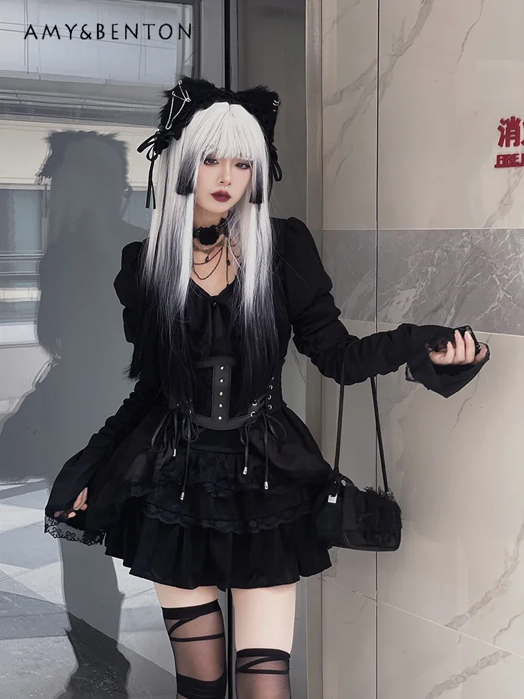 Goth Dark Y2k Hot Girl Skirt Sets Subculture Punk V-neck Long-sleeved Shirt High Waist Mini Skirt Two-piece Suit Women Autumn