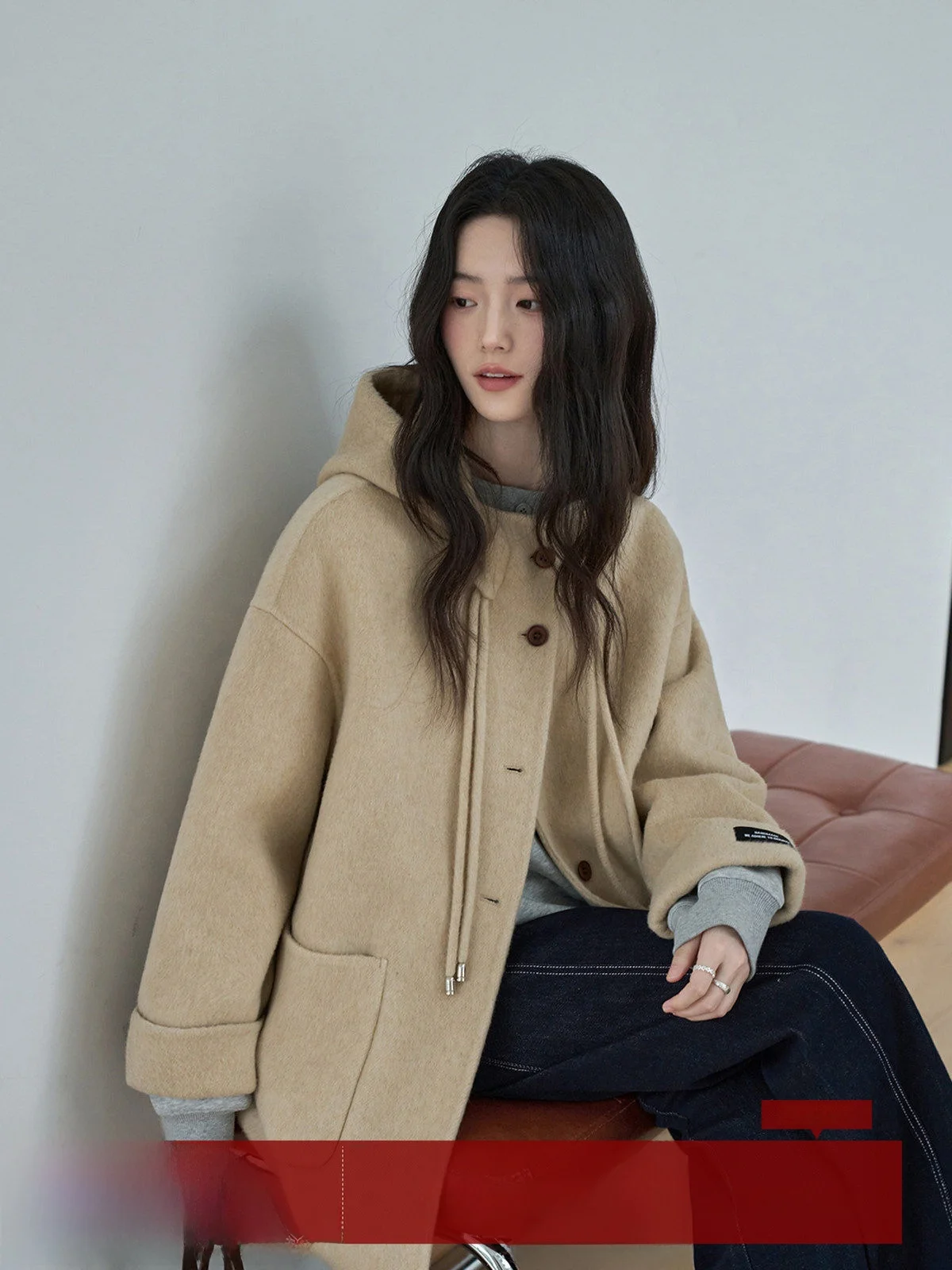 

Khaki Double-Sided Woolen Coat with Hood Medium-Length Women's Outerwear Winter Loose Fit Commuter Sle Pure Color Korean Ve...