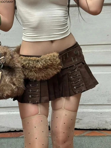 Imagen 2 del producto Falda plisada marrón estilo Wasteland de los años 2000, con cinturón peludo, minifalda holgada Retro Y2k de cintura baja, estilo Punk de tendencia urbana para mujer