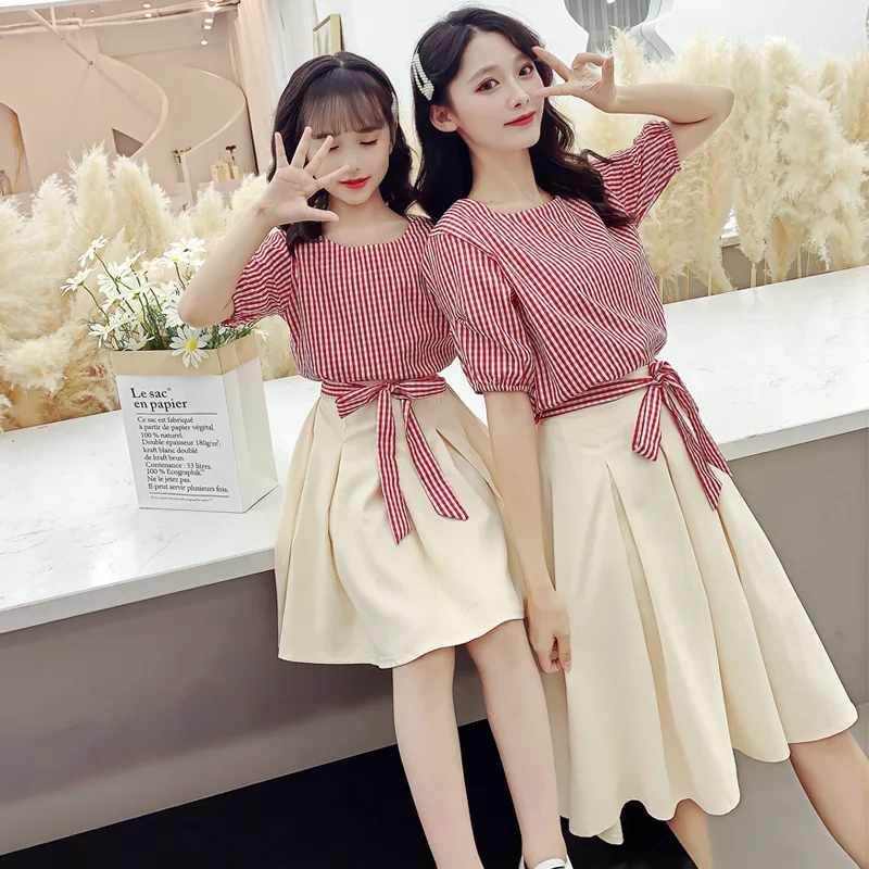 2023 summer new girl Korean version of mother and daughter plaid set parent-child clothing large children skirt set wholesale