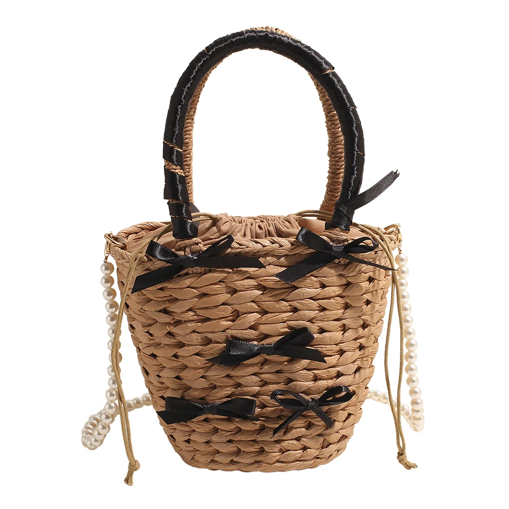 Borsa di paglia estiva con fiocco carino con tracolla a catena di perle borsa a tracolla da spiaggia grande borsa da viaggio per le vacanze per le donne