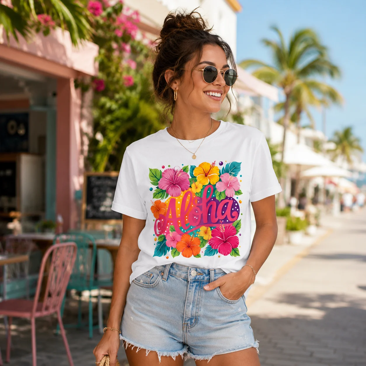 Ladies 100% Cotton Crew Neck T-Shirt Aloha Tropical Hibiscus Print Summer Beach Hawaii Vacation Casual Short Sleeve Top