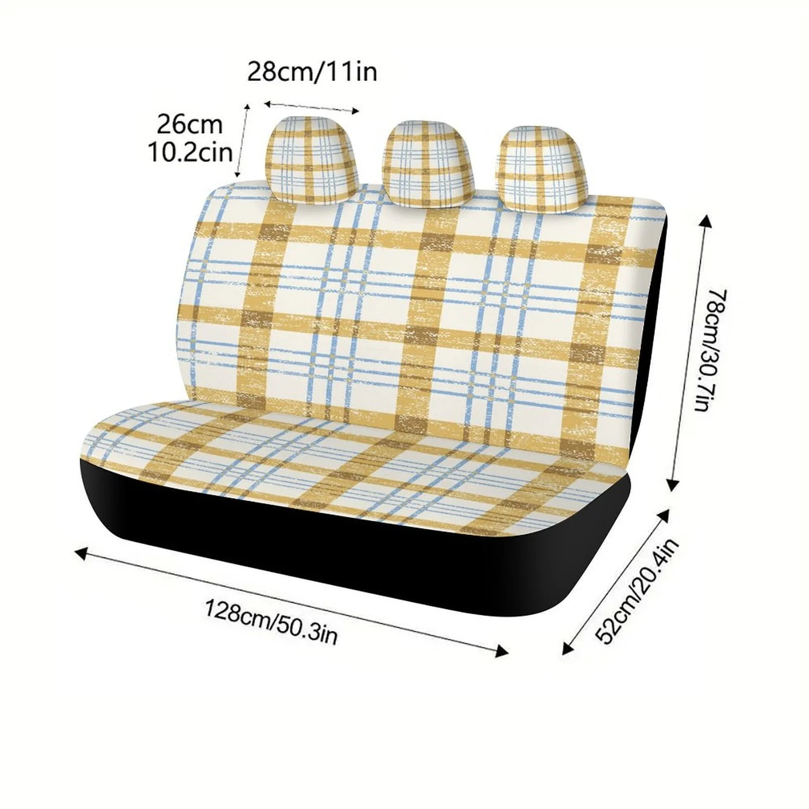 Vintage Plaid Pattern Beige Base With Yellow And Blue Line Print Car Seat Cover Set, Suitable For Most Cars, SUVs, And Sedans, D