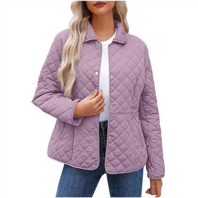 2026 Autumn and Winter Women's Casual Solid Color Lapel Collar Hidden Button Long Sleeve Rhombus Plaid Padded Jacket