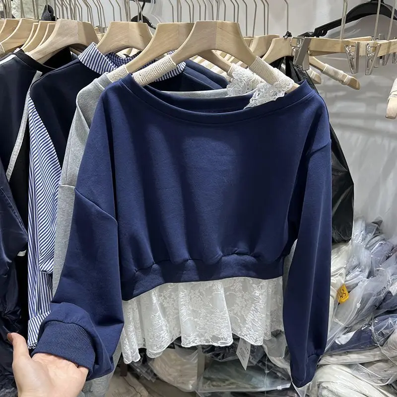 بلوزات نسائية ملابس يابانية مصممة على الطراز الأمريكي ملابس نسائية مبسطة بلون سادة ورقبة دائرية مقاس التفاصيل #3