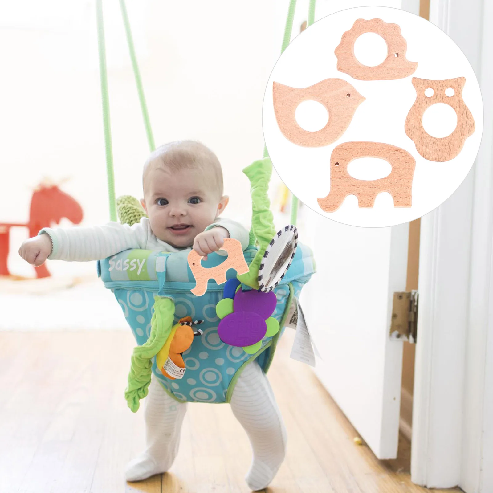 4Pcs Baby Cartoon Animal Wooden Molar Chewing Set Cooling Teether for Toddler Teething Pain Relief and Gum Health