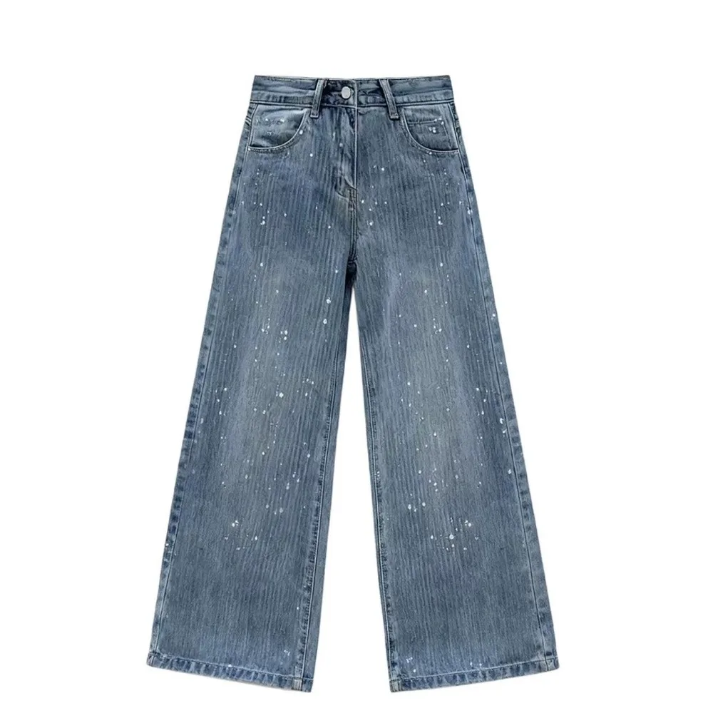 Retro Fashion Blue Hot Diamond Holiday Versatile Jeans Women's 2026 Summer New High-waisted Large-size Loose Straight Trousers