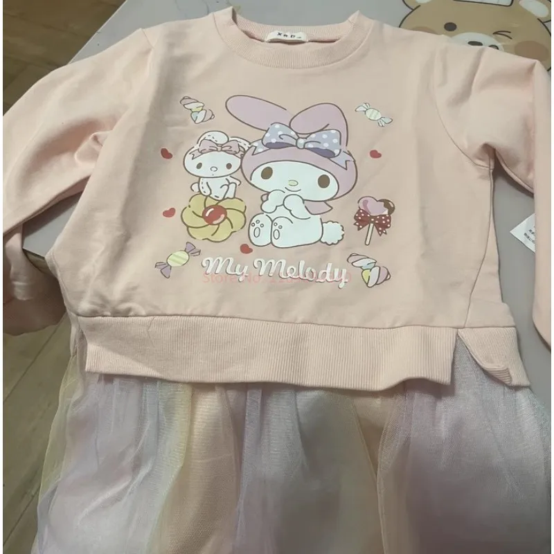 Y2k Dress Spring Autumn Kawaii My Melody  Ins Baby Gauze Dress Cute Kuromi Long Sleeve Hooded Skirt Kids Gifts