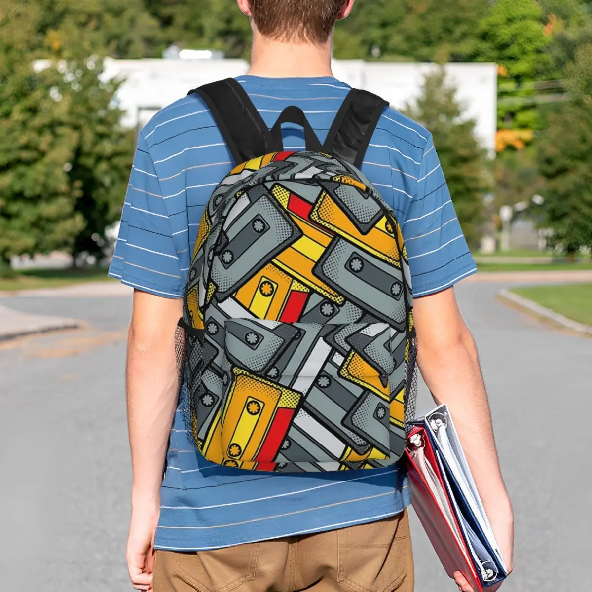 Compact Cassette Cartoon Pattern Backpack Student BookBag Children School Bag Laptop Shoulder Bags for Men Women