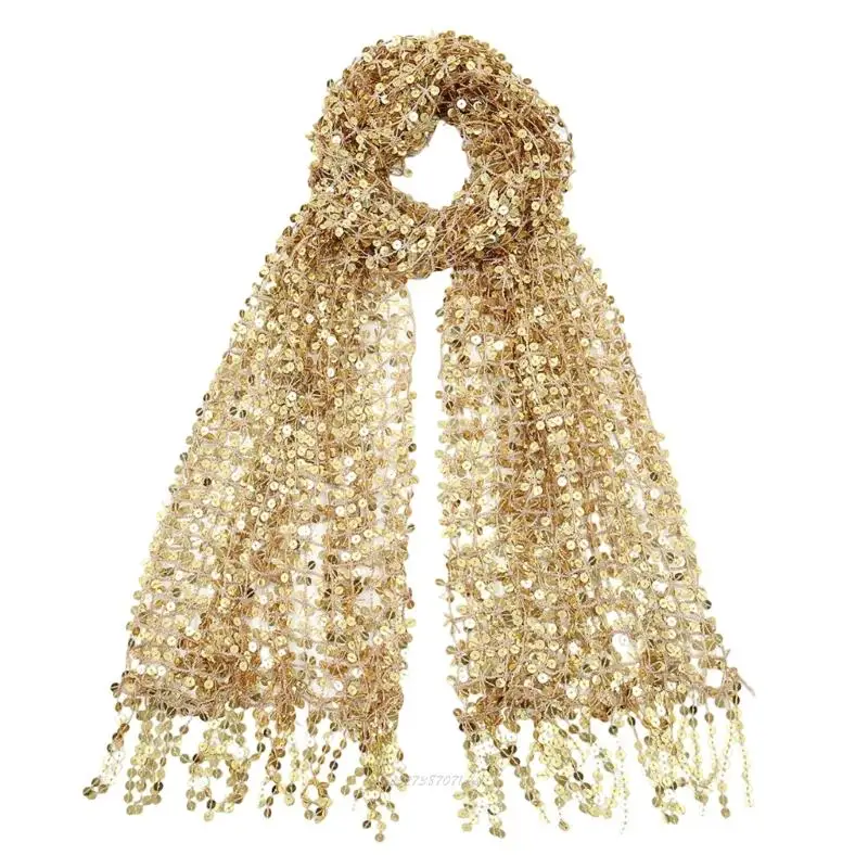 X5XA Elegant Glitter Sequined Bridal Scarf With Tassels For Wedding Evening Party Belly Dance Accessories