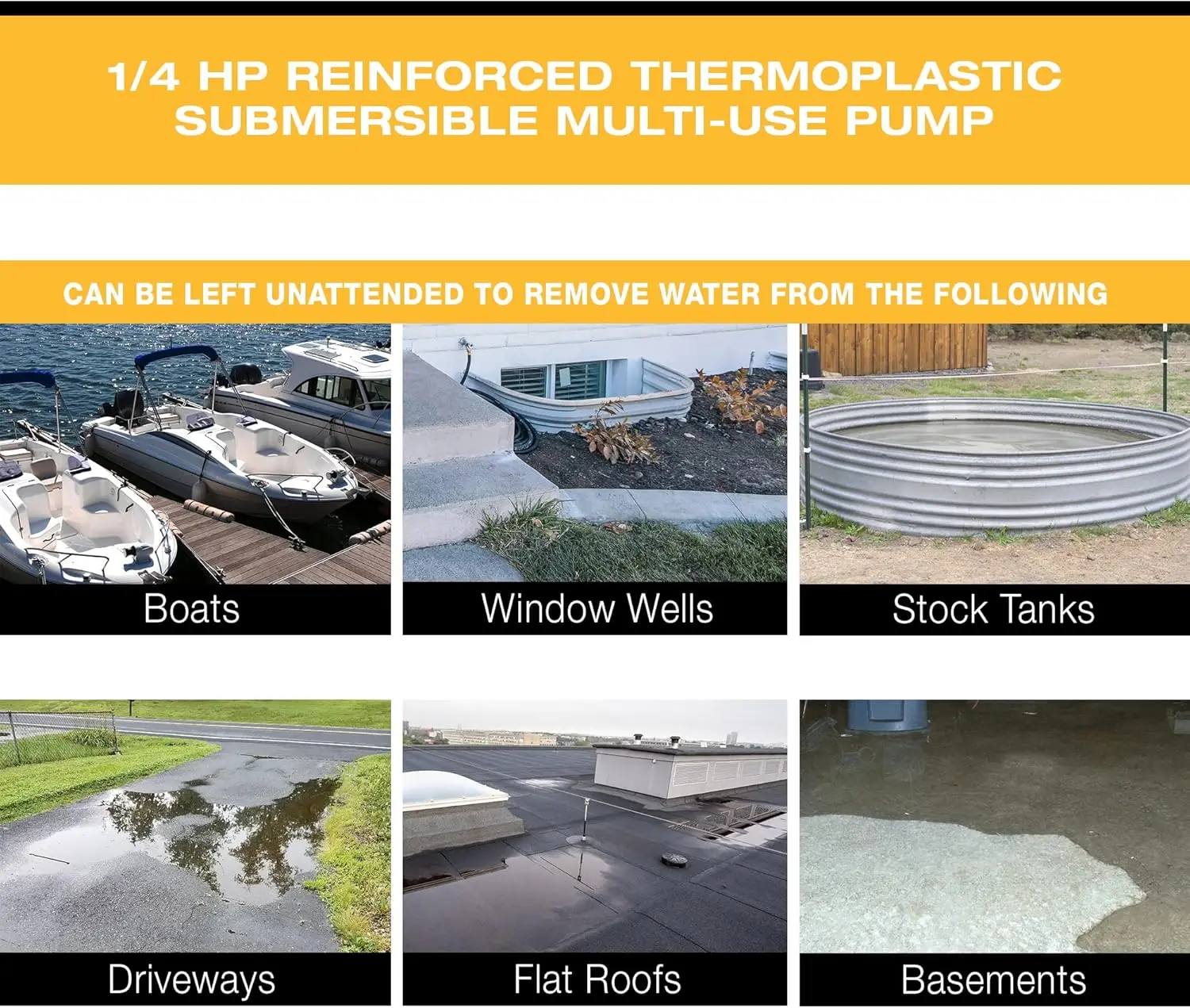 ZZZ- مضخة غاطسة متعددة الاستخدامات مقاومة للحرارة بقوة 1/4 حصان، باللون الأسود
