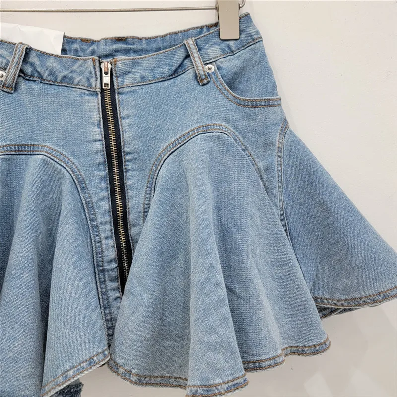 DEAT 3D Cutting Ruffled Edge Denim Skirts For Women 2024 Summer New Fashion Zipper Splicing Pleated Elastic Skirt Female 11A0198