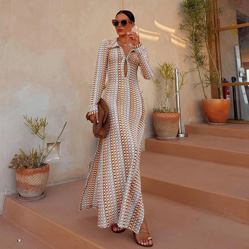 

2024 Crochet Dress Kintted Elegant Sexy See Through Bodycon Maxi Dress Long Sleeves Cover Up Beach Bikinis Cover-ups For Women