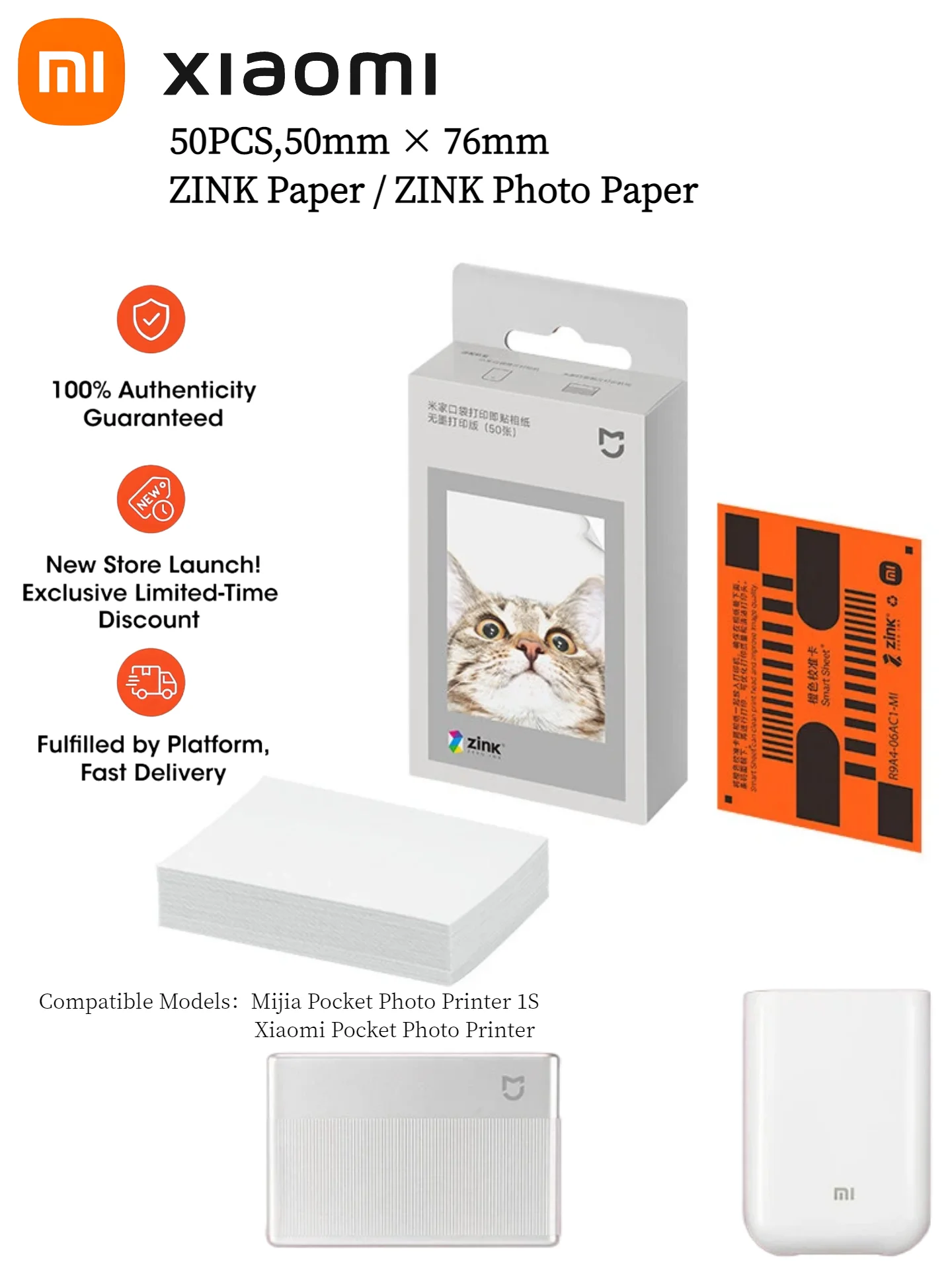 50er-Pack Xiaomi Pocket Printer Papier ZINK Fotopapier 3x5 Mi Tragbares Fotopapier für Drucker Selbstklebendes Scrapbook-Papier – Detail 1