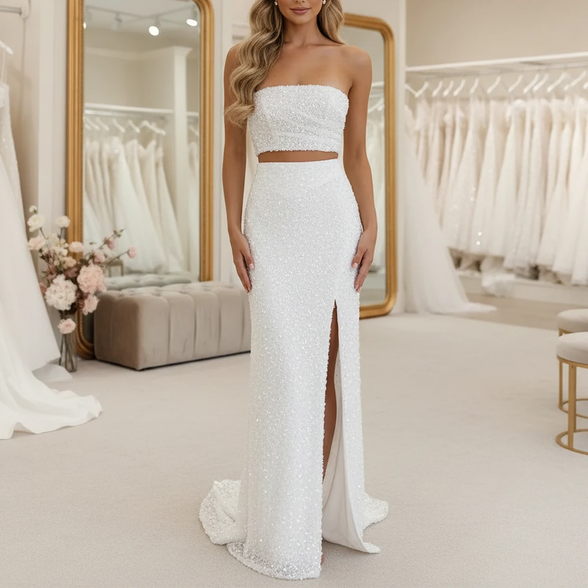 Elegant Lace Mermaid Wedding Dresses With Slit Sheath Sparkly Strapless Bridal Party Gown For Women Vestidos Novia