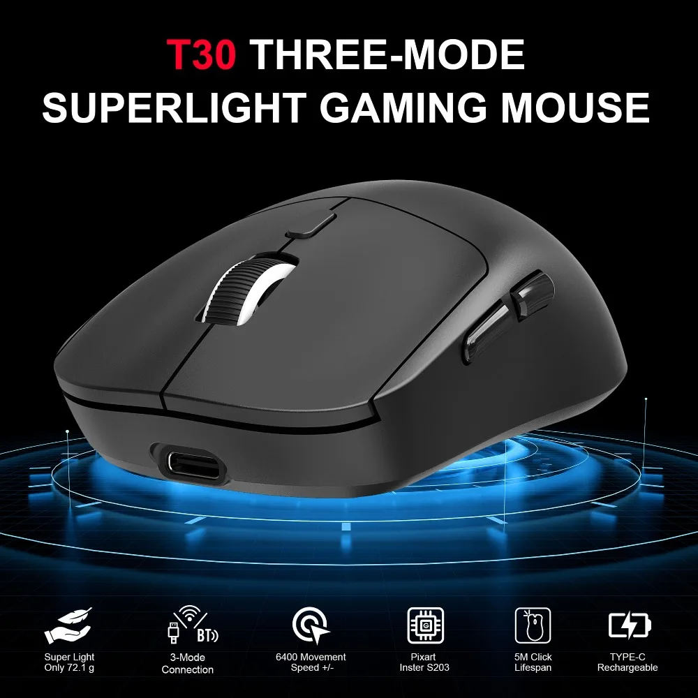3 Modes Wireless Gaming Mouse Bluetooth5.4 6Keys TTC Micro Switch 6400DPI Rechargeable 8 DPI Levels for Desktop Laptop iPad