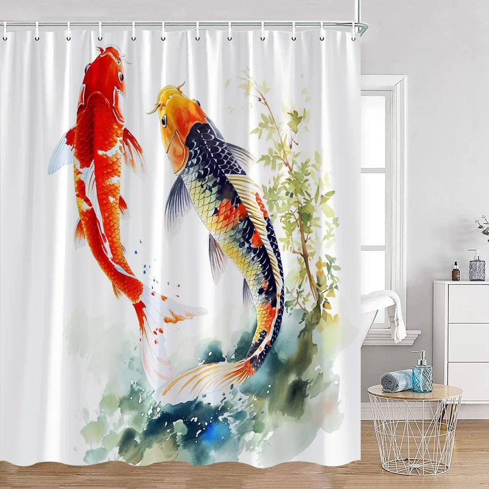 Red Koi Carp Shower Curtains Lotus Leaf Cherry Blossom Good Luck Chinese Bathroom Decorations Vintage  Polyester Bath Curtain