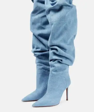 Sexy Light Blue Denim Pointed Toe Pleated Loose Over The Knee Boots Women Tube Slip On 10 12 CM Thin Heels Thigh Long Botas Shoe