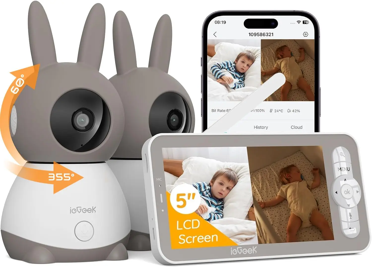 

2K Split-Screen Baby Monitor, 5" Audio Baby Monitor with 2 Cameras, WiFi Smartphone Video Dual Camera, Night Vision, Motion & Cr