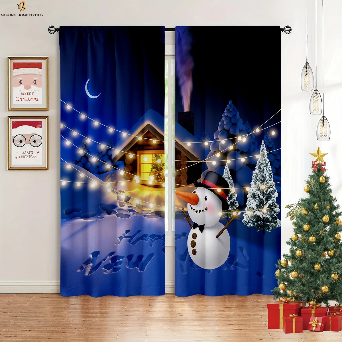 

2pcs Cute Cartoon Santa Claus Snowman Snowflake Printed Curtains Bedroom Dining Room Christmas Party Decoration Curtains